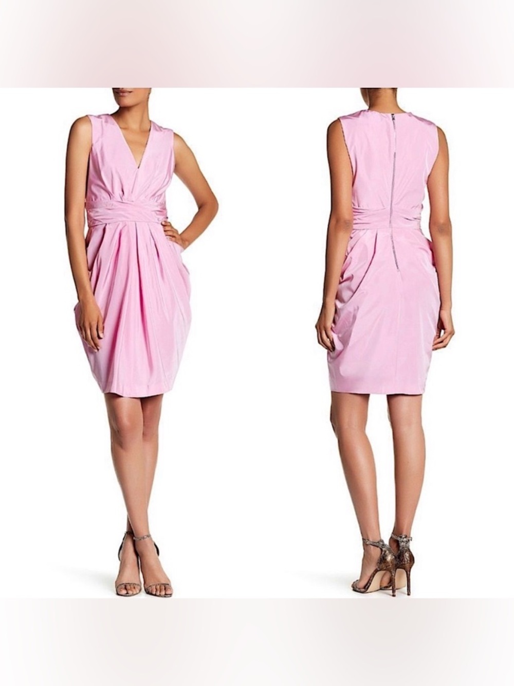 Vera Wang Rose Pink Sleeveless V-Neck Ruched Midi Wedding Guest Dress Size 8 NWT